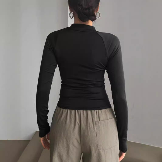 Europæisk og amerikansk sportsstil langærmet T-shirt ensfarvet Y2g halvåben krave kort top
