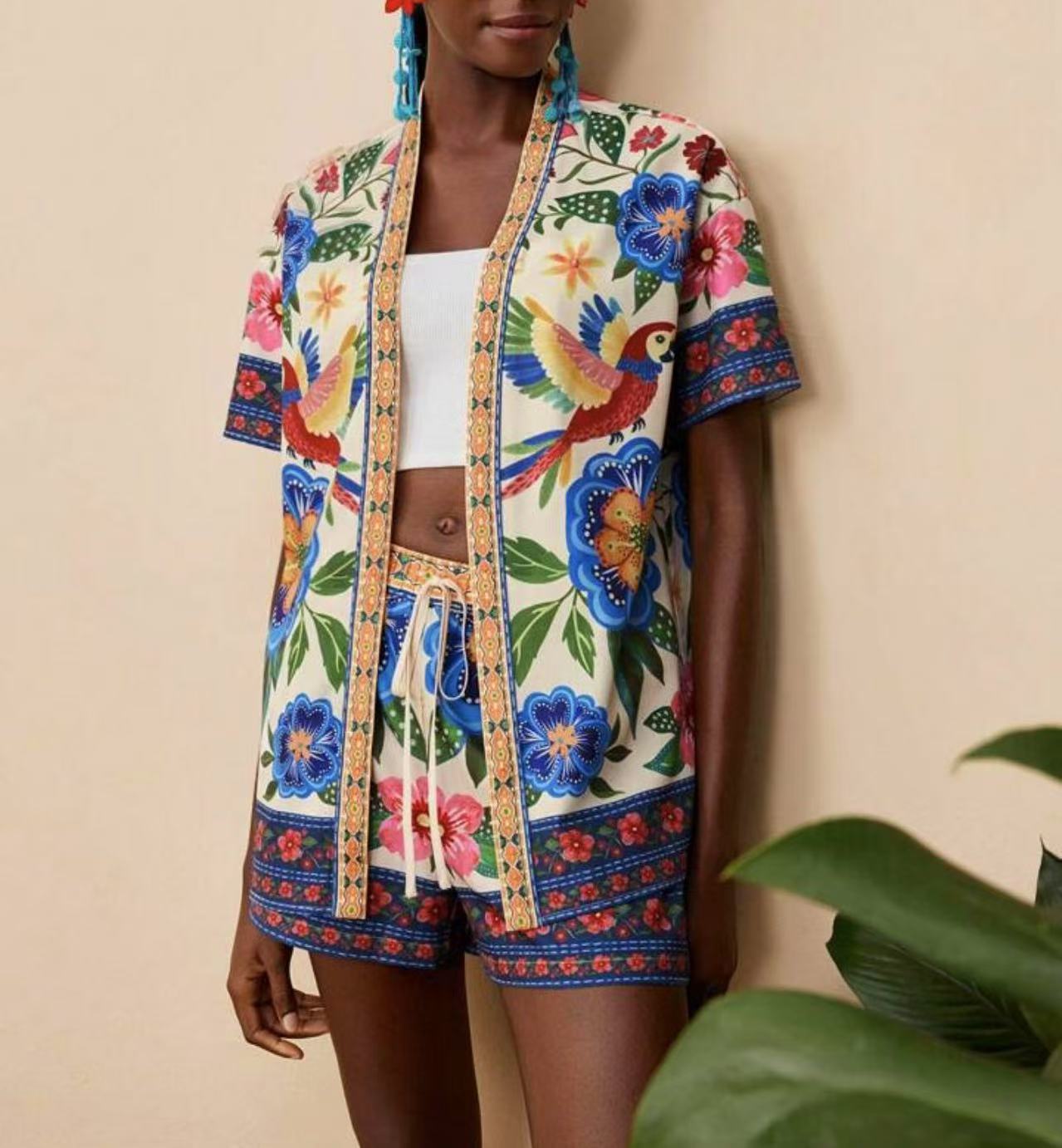 Fashion Casual Printing Cardigan Short Sleeve Shorts Suit
