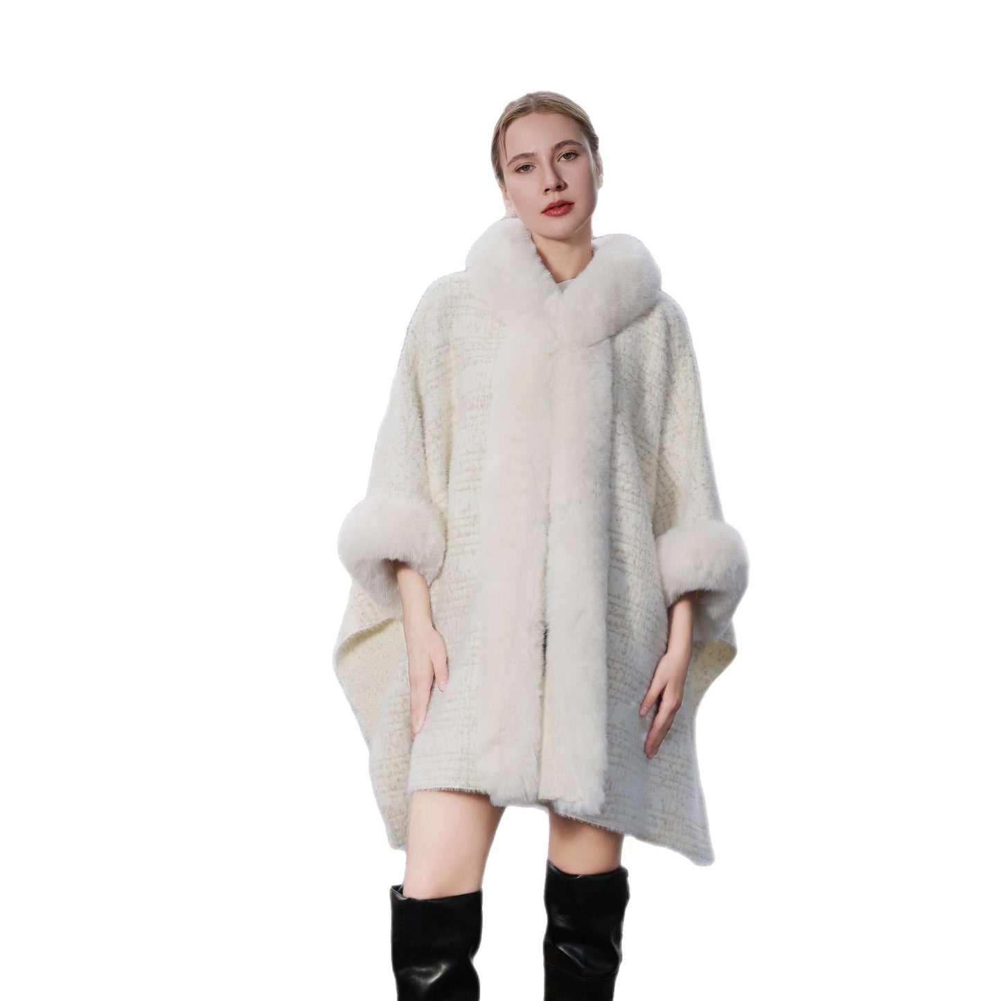 Warm Fur Collar Cardigan Mid-length Loose Thick Coat Dress And Cheongsam All-match Hooded Fur Shawl