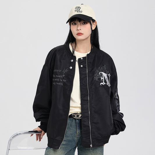 High Street Design Flame Embroidery Letters Baseball Uniform Jacket