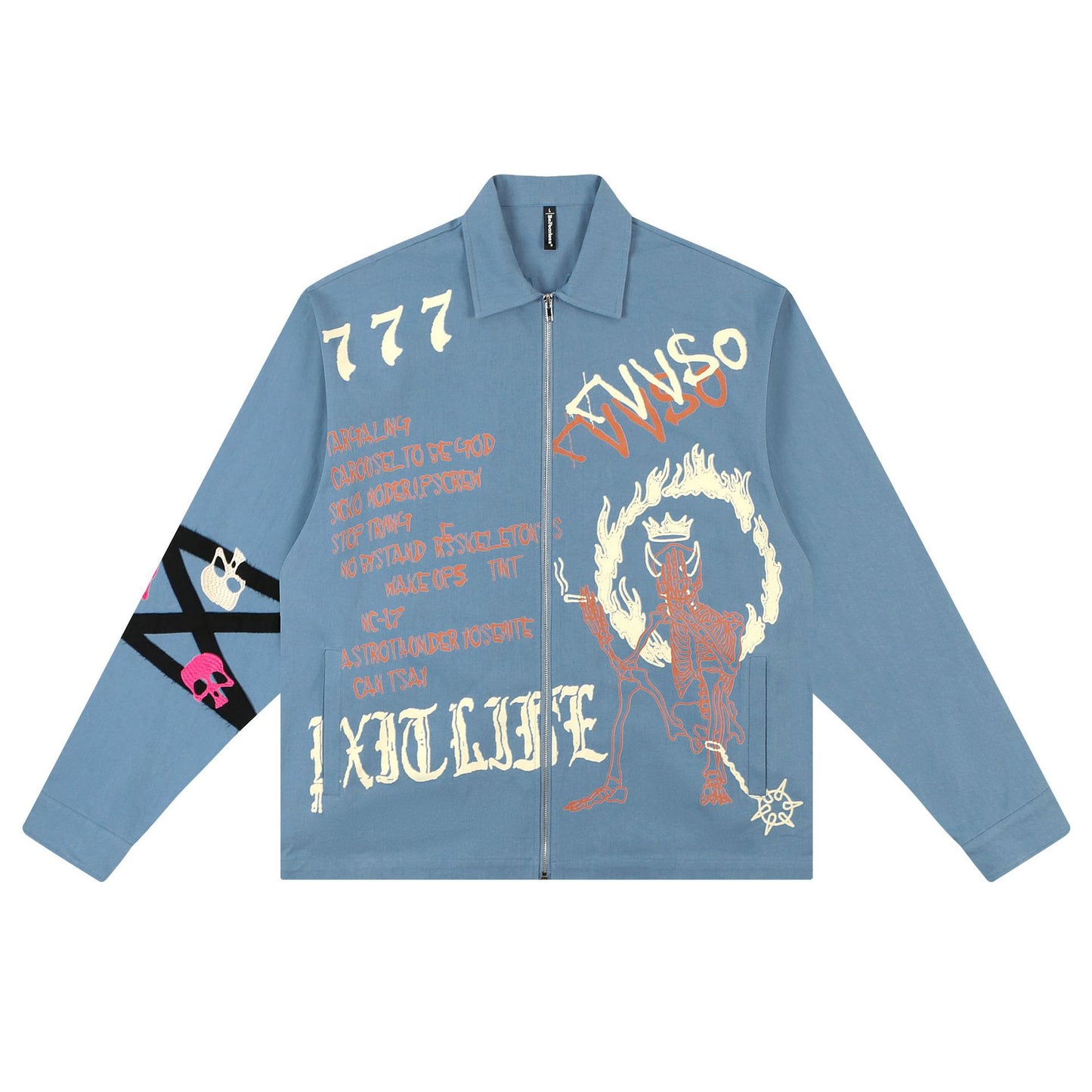 Retro Cartoon Graffiti Print And Embroidery Zip Jacket