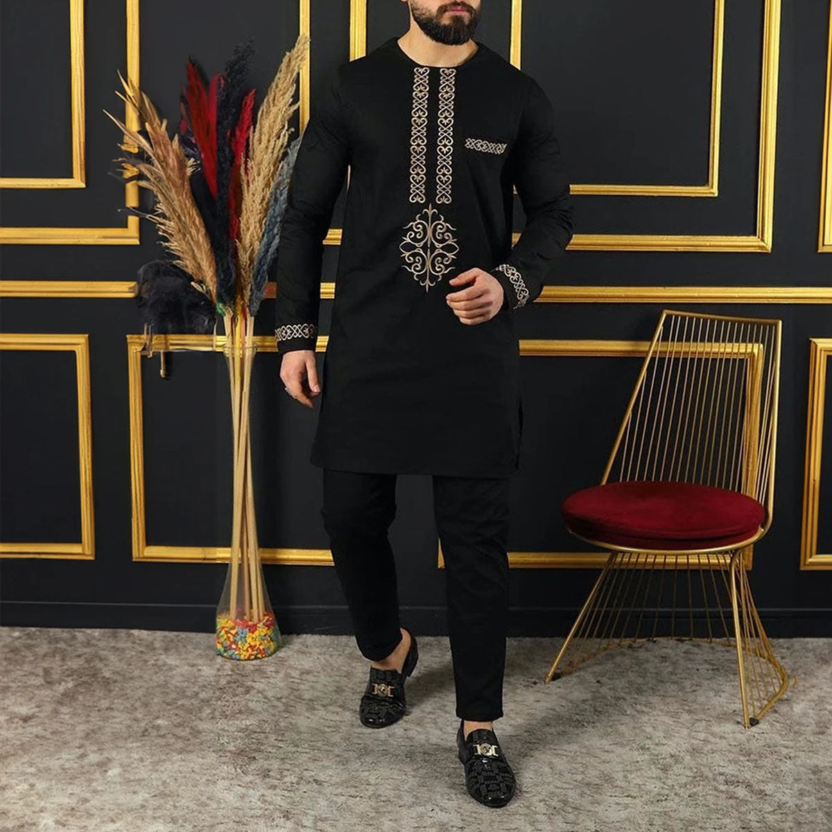 Men's Casual Long Sleeve Ethnic Style Traditional Clothing Suit