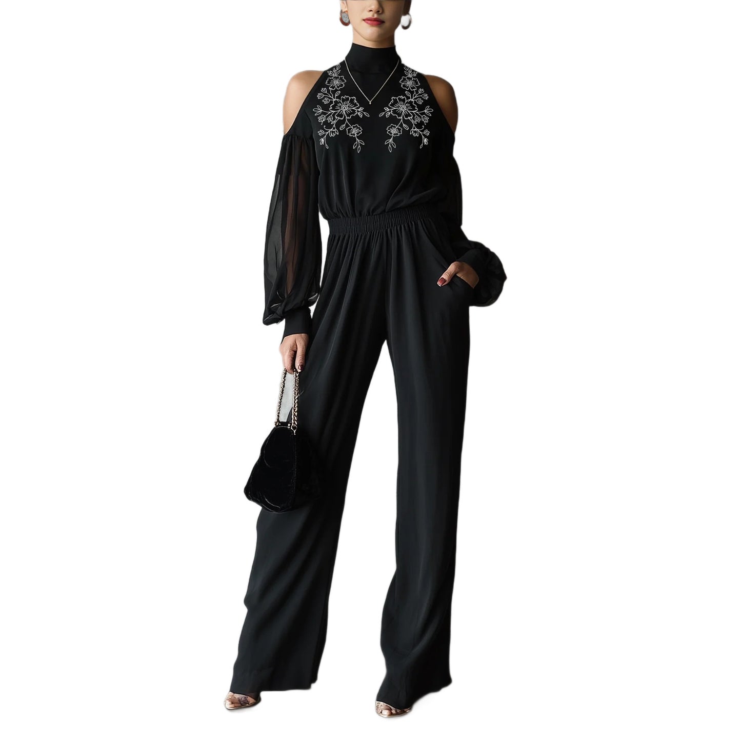 Black Embroidered Womens Long-Sleeve Wide-Leg Jumpsuit
