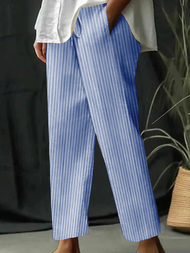 Casual Homewear Pants New Striped Solid Color Cotton And Linen Loose Trousers