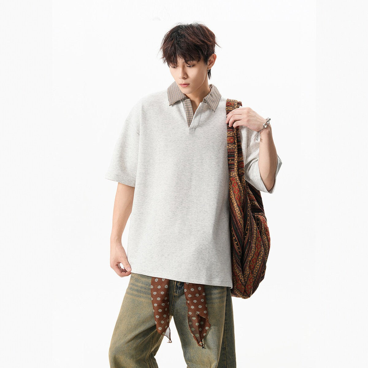 Loose-fit Lapel Short-sleeve Contrast-color Casual Top For Men
