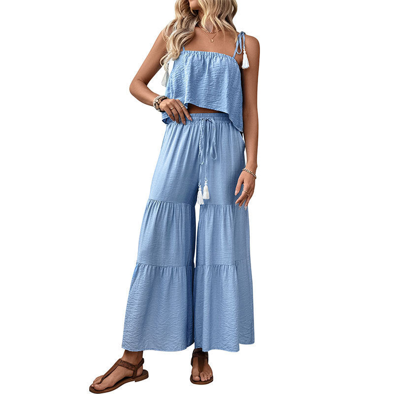 Strappy Top And Wide-leg Pants Textured Resort Set