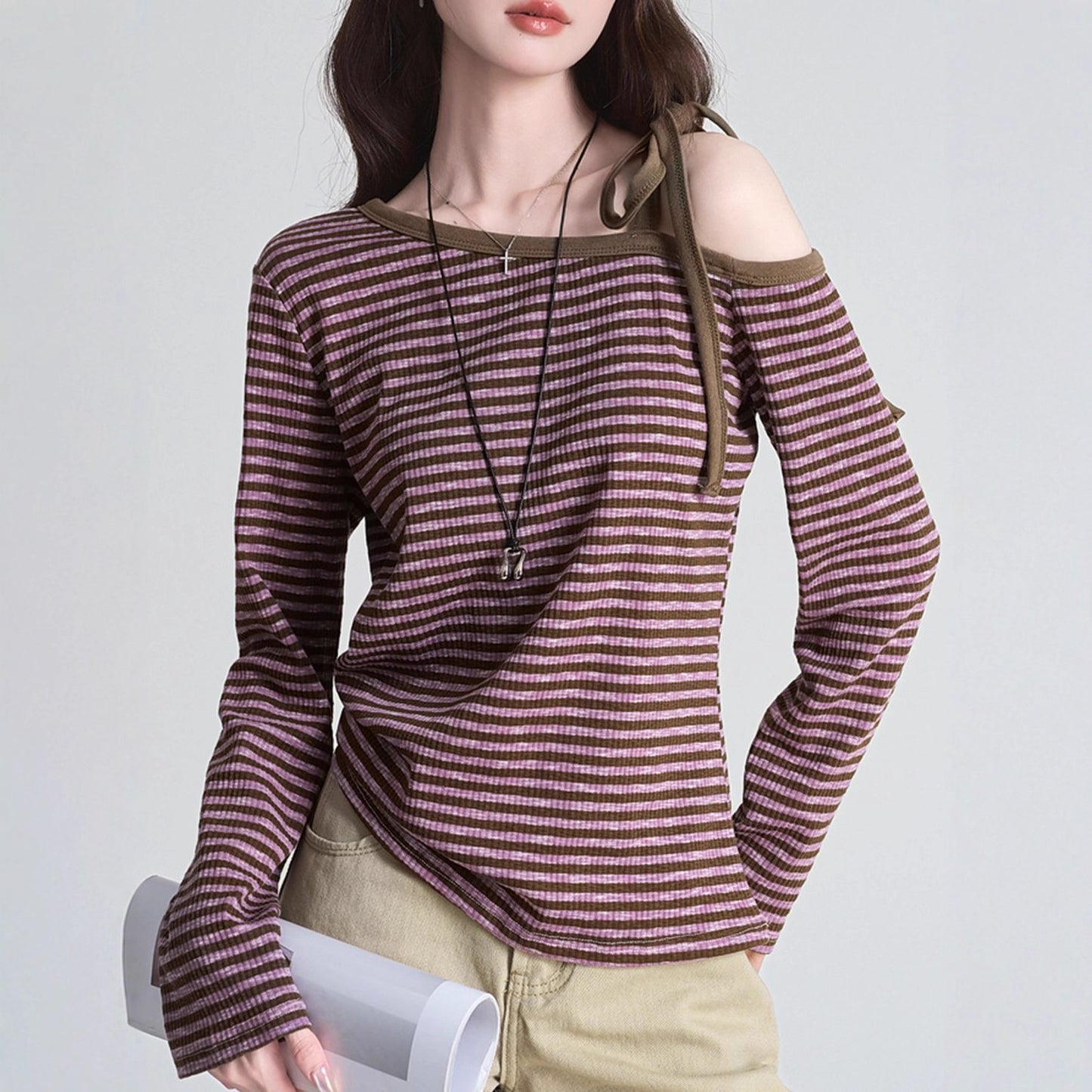 Purple Striped Off-shoulder Long Sleeve Women's Slim Base Shirt