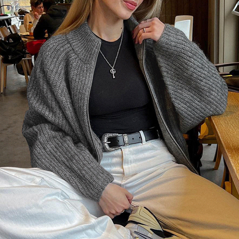 American Simple Style Loose Zip Cardigan Sweater Coat For Women
