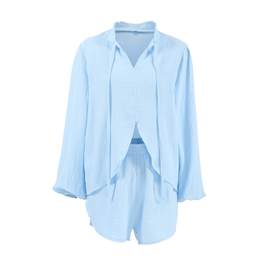 Blue Pure Cotton Drawstring Long-sleeve Shorts Soft