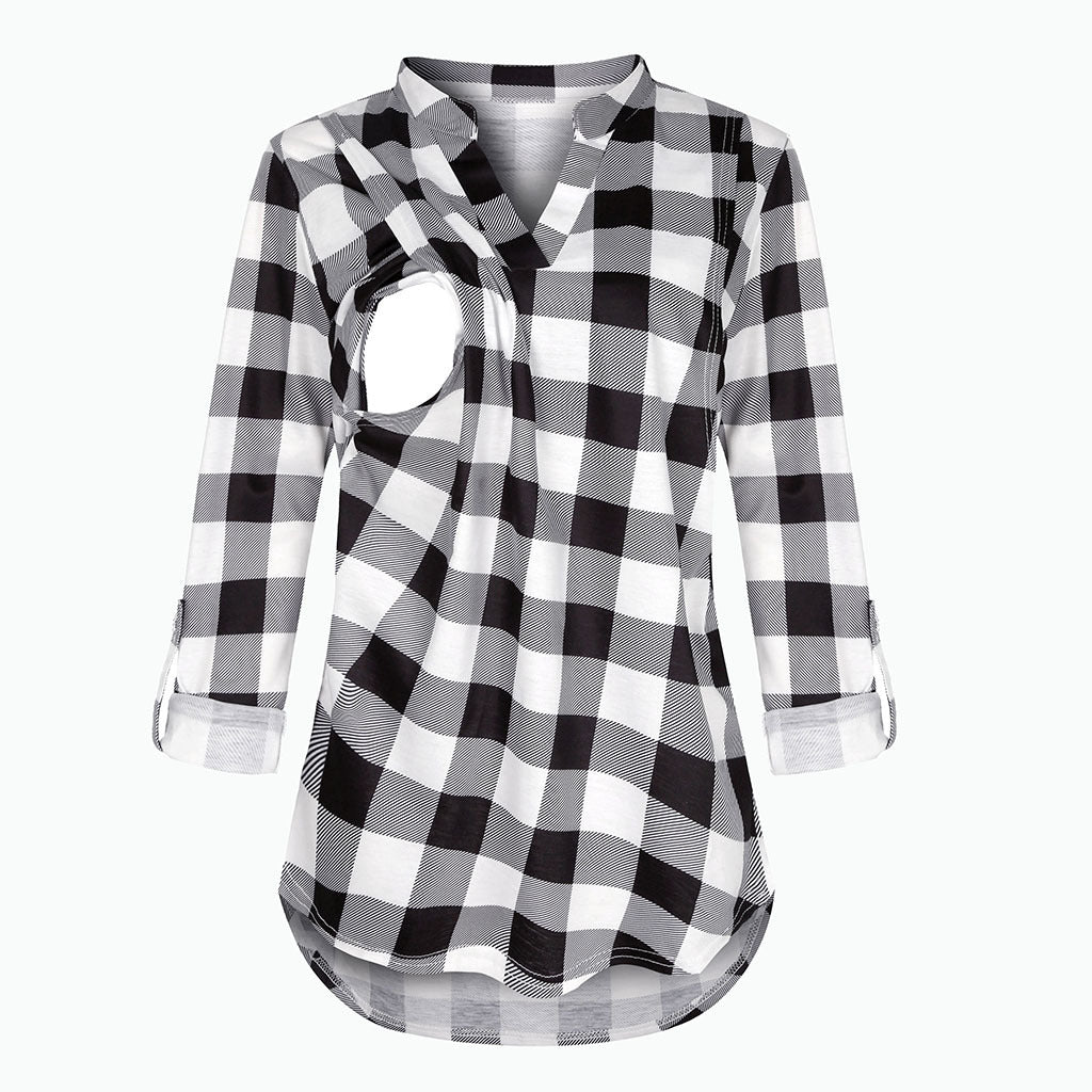 Plaid Printed Pregnant Woman Breastfeeding V-neck Long Sleeve Top
