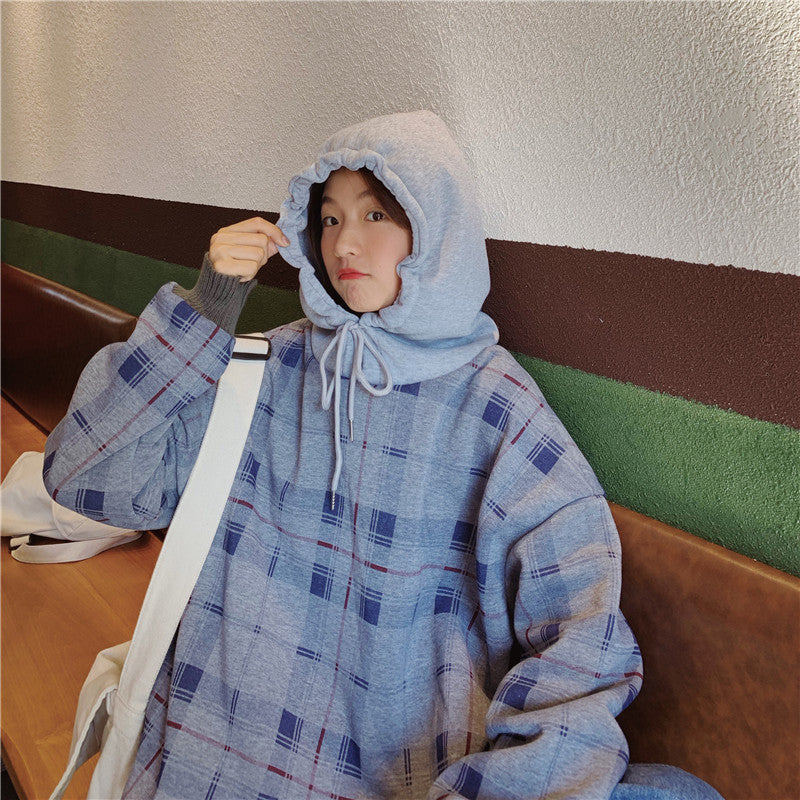 Fake Two Piece Long Sleeve Sweater Women Hooded Loose Plaid