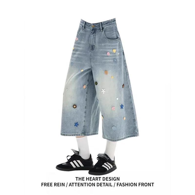 Womens Retro Washed Light Blue Cropped Denim Jeans In American Style