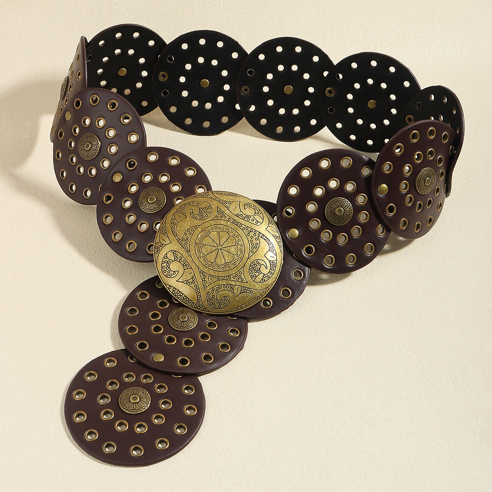 Retro Women's Round Hollow Metal Wide Belt