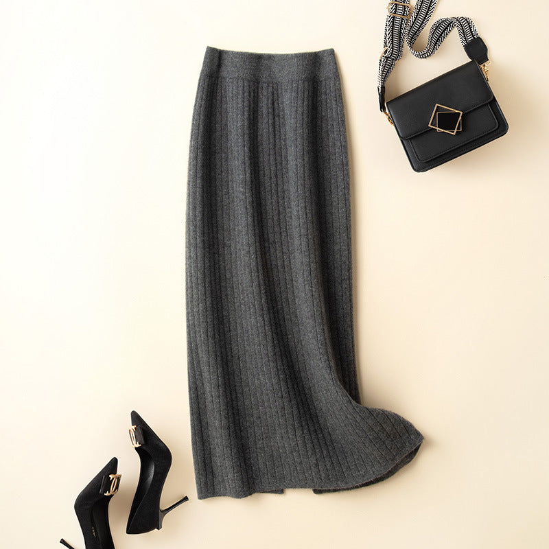 Pure Wool Skirt Women's Mid-length High Waist Slim Fit