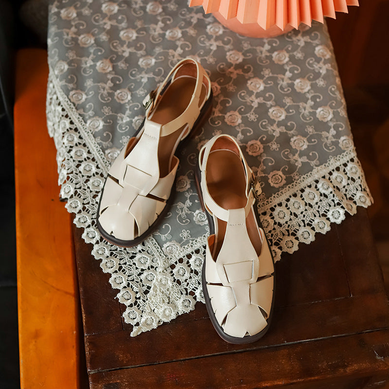 Women's Cowhide Retro Toe Roman Sandals