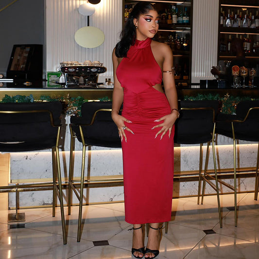 Elegant Long High-neck Pleated Dress For Outings