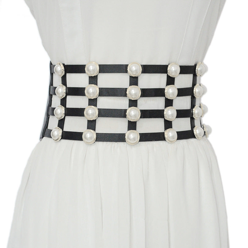 Korean Style Casual Women's Corset Hollow Pearl Inlaid Women's Single Circle Decorative Belt