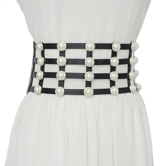 Korean Style Casual Women's Corset Hollow Pearl Inlaid Women's Single Circle Decorative Belt