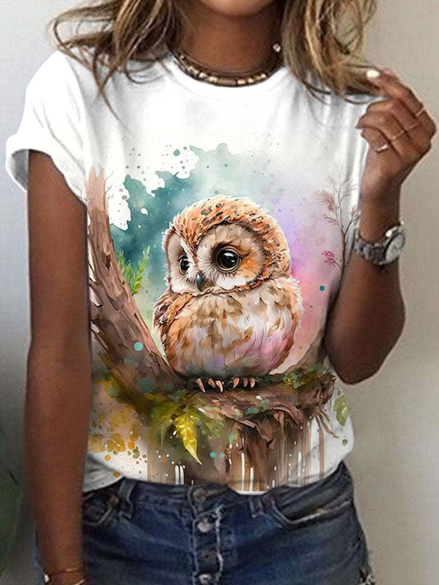 Cute Owl Pattern 3D Printed Round Neck Short Sleeve