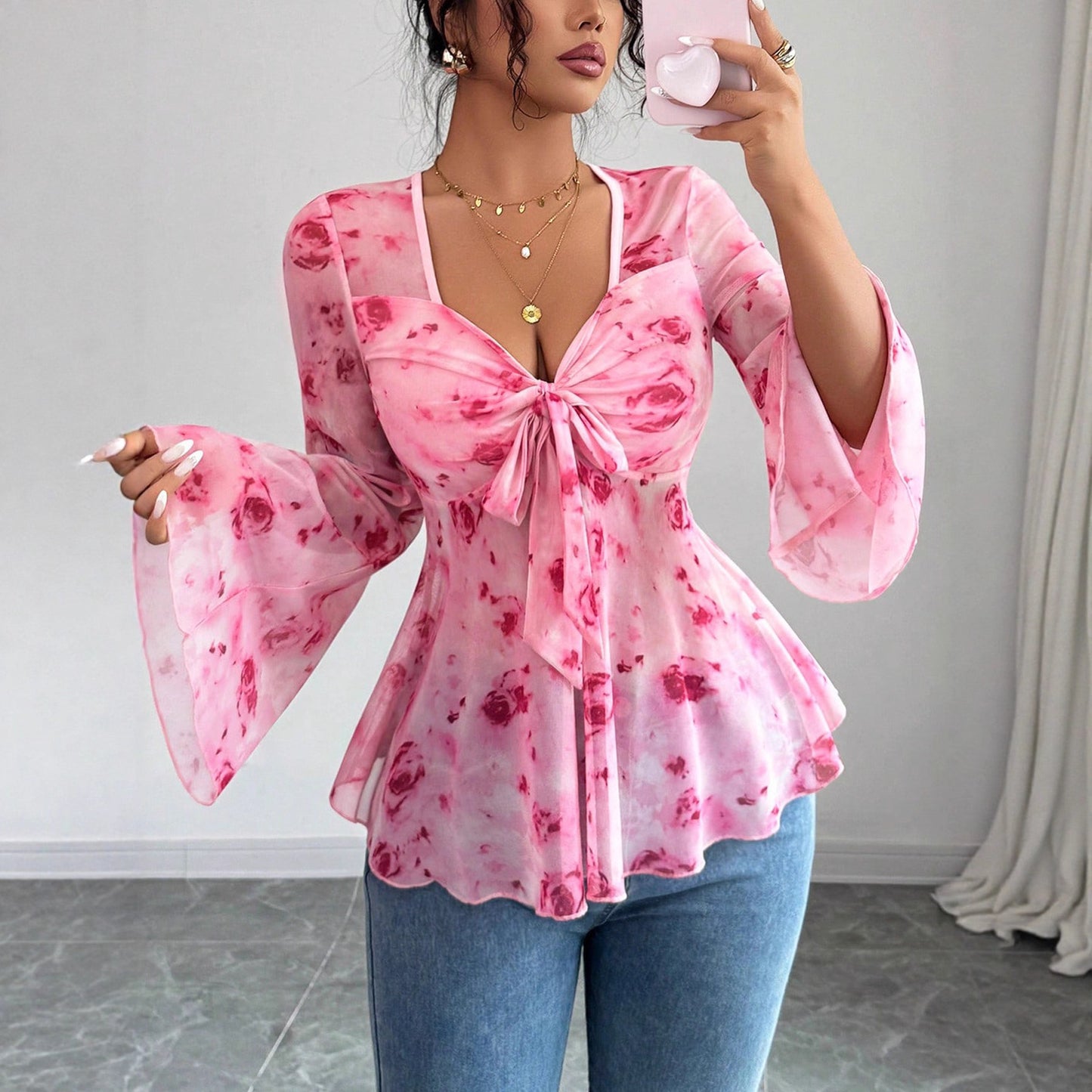 Womens Mesh Red Rose Print V-Neck Top