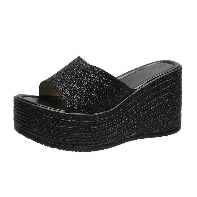 Thick Sole Sequin Mesh Red Fashion Casual Slippers