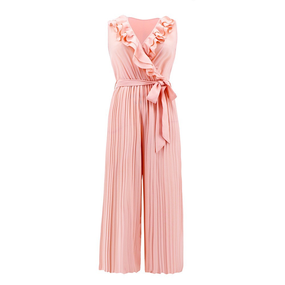 Women's Comfortable Sleeveless V-neck Flounce Pleated Jumpsuit