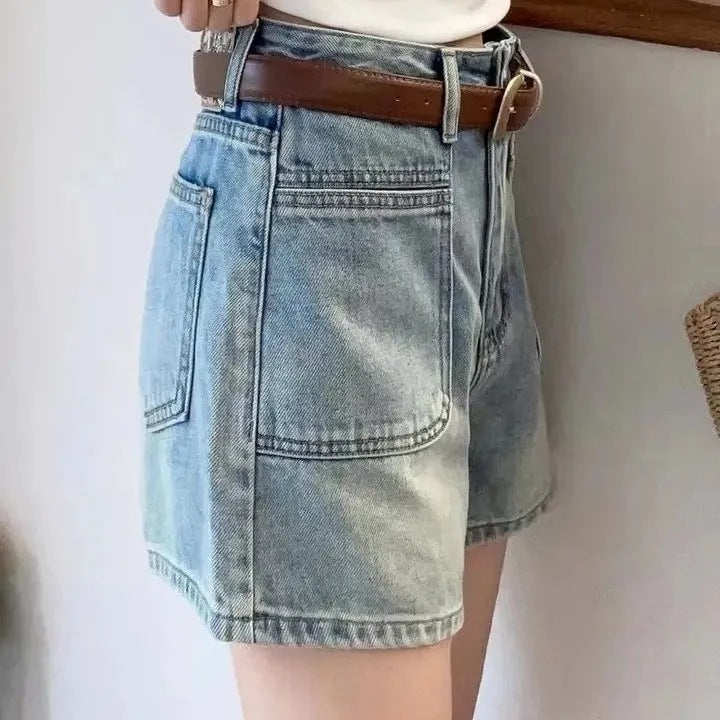 Short High-waisted Slimming Wide-leg Retro Pants In Vintage Blue