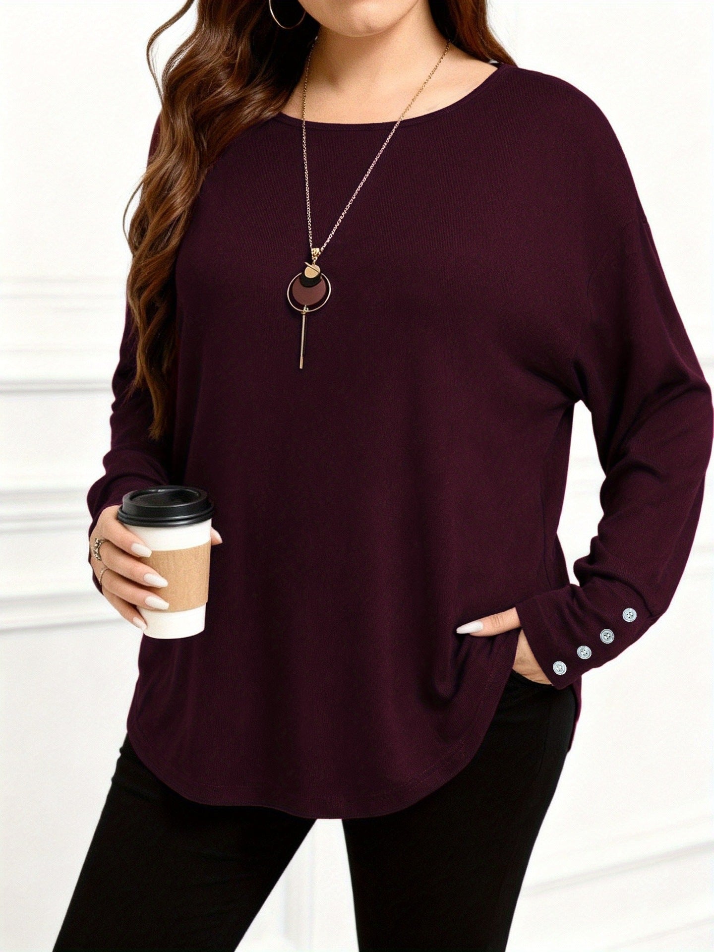 Casual Plus-size Women's Solid-color Long-sleeve Top