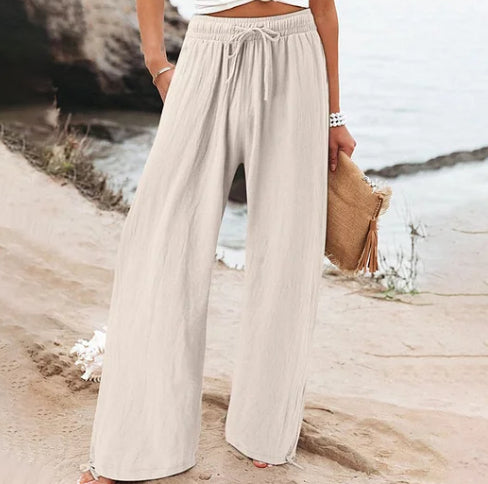 Women'S Cotton & Linen Solid Color Wide Leg Casual Pants With Pockets