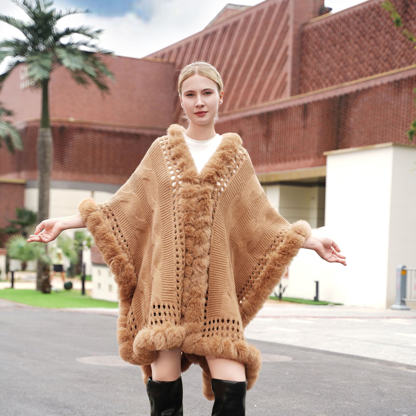 Autumn And Winter New Knitted Hollow-out Wool Cloak Extended Artificial Wool Cardigan Coat