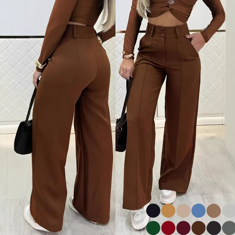 Essential Minimalist Wide-leg Pants With Double-breasted Buttons For The Office