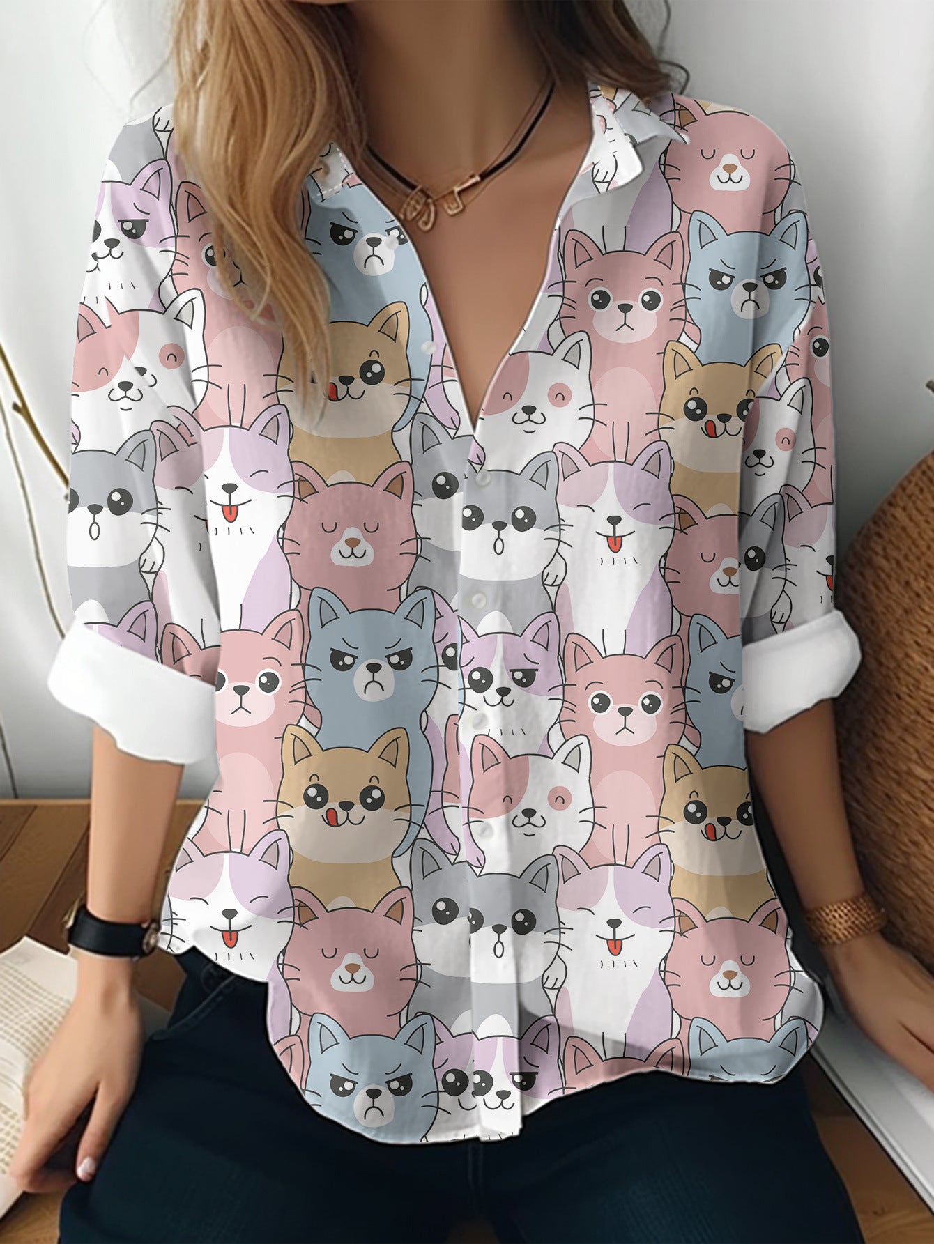 Women's 3D Printed Floral Pattern Long-sleeved Shirt