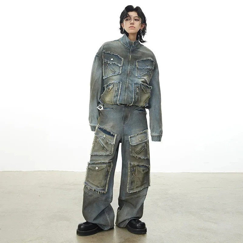 Flerlommet lynlås gør den gamle cowboyjakke vintage lige jeans