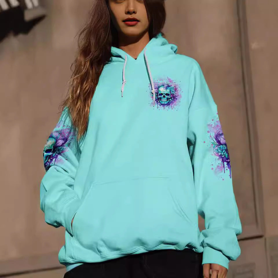 Women's Trendy Pullover Green Skull Hooded Sweater