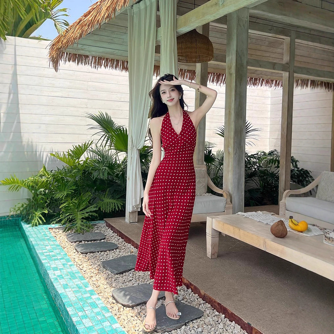 Mid-length Polka Dot Summer New Slim-fit Figure-flattering Sexy Backless Dress For Women