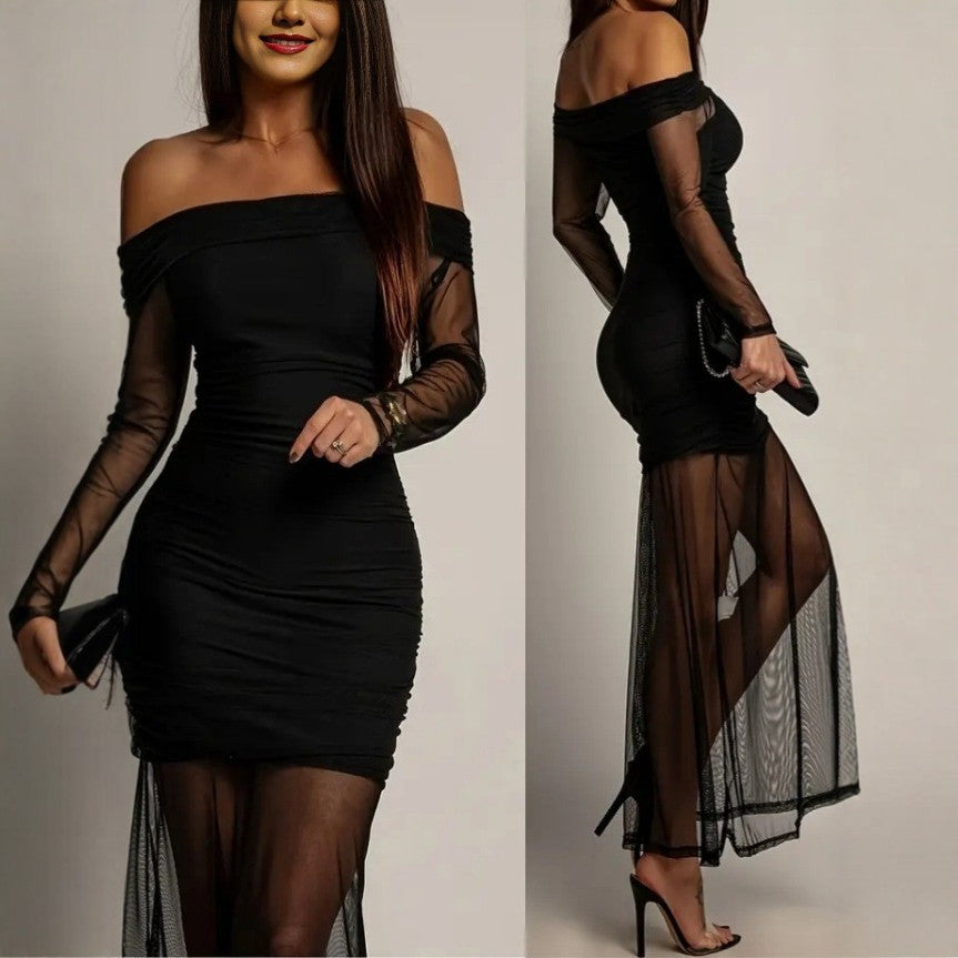 Off-the-shoulder Mesh-panel Fitted Long-sleeve Dress
