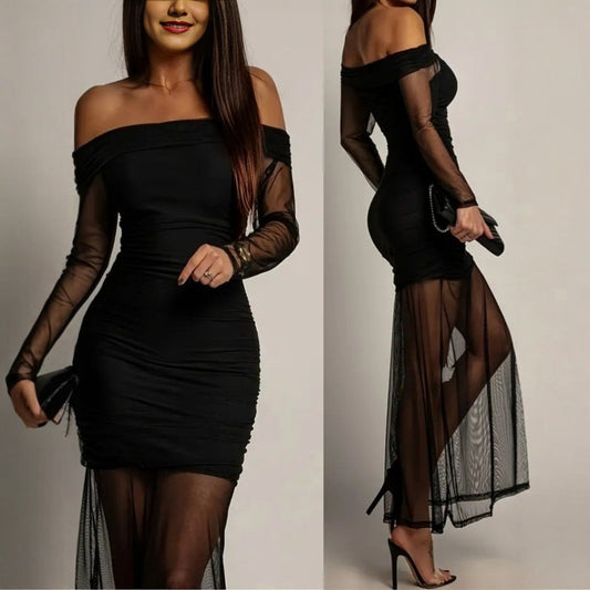 Off-the-shoulder Mesh-panel Fitted Long-sleeve Dress
