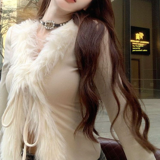 Womens Slim-fit Cropped Long-sleeve Fuzzy Top