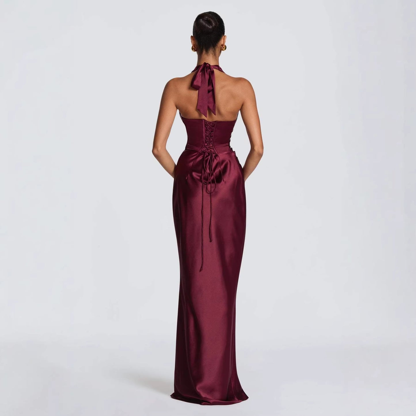 Neck-hanging Deep V-neck Pleated Lace-up Sexy Off-shoulder Slim-fit Long Dress