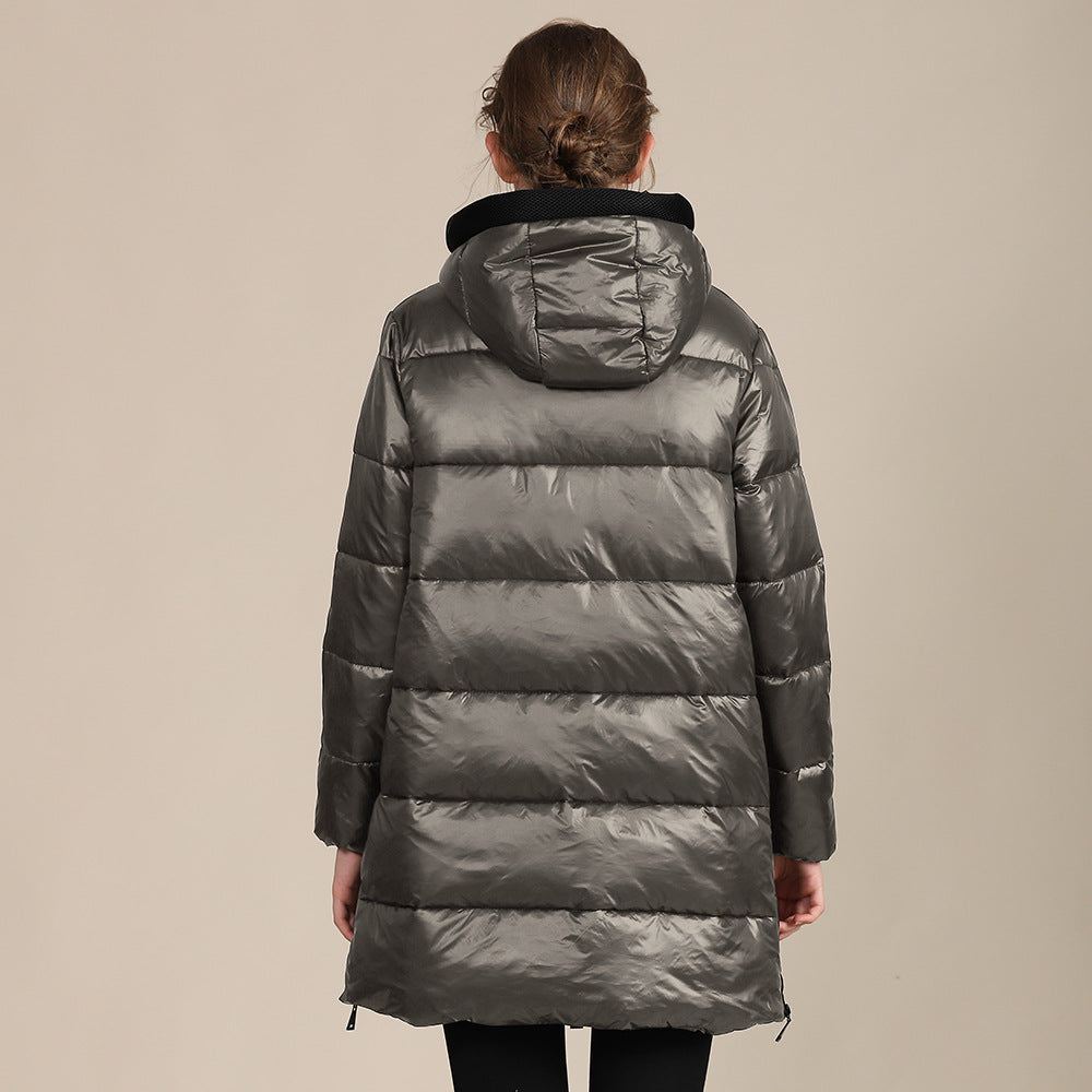 Dames Gewatteerde Nylon Glanzende Brood Hoodie Winterjas
