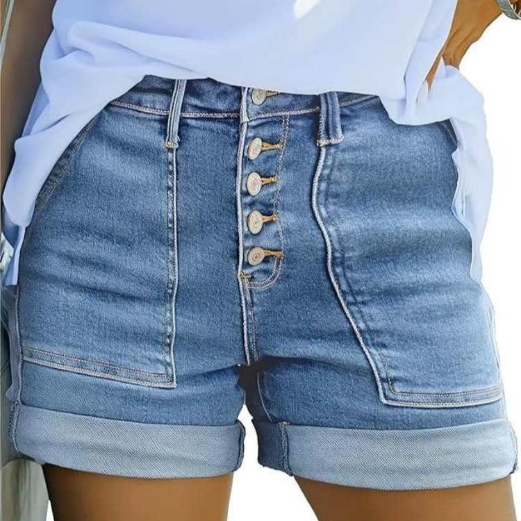 Korte denimshorts til kvinder med knaplukning, høj talje og opsmøg