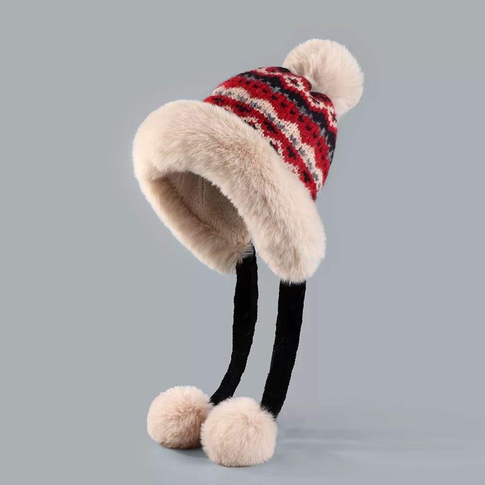 Retro Ethnic Style Plush Knitted Hat Women's Autumn And Winter Cold Protection Earflaps Woolen Cap