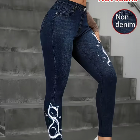Women's High-Elastic Imitation Denim Leggings With Realistic Denim Print