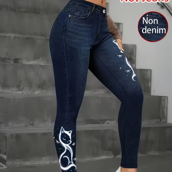 Women's High-Elastic Imitation Denim Leggings With Realistic Denim Print