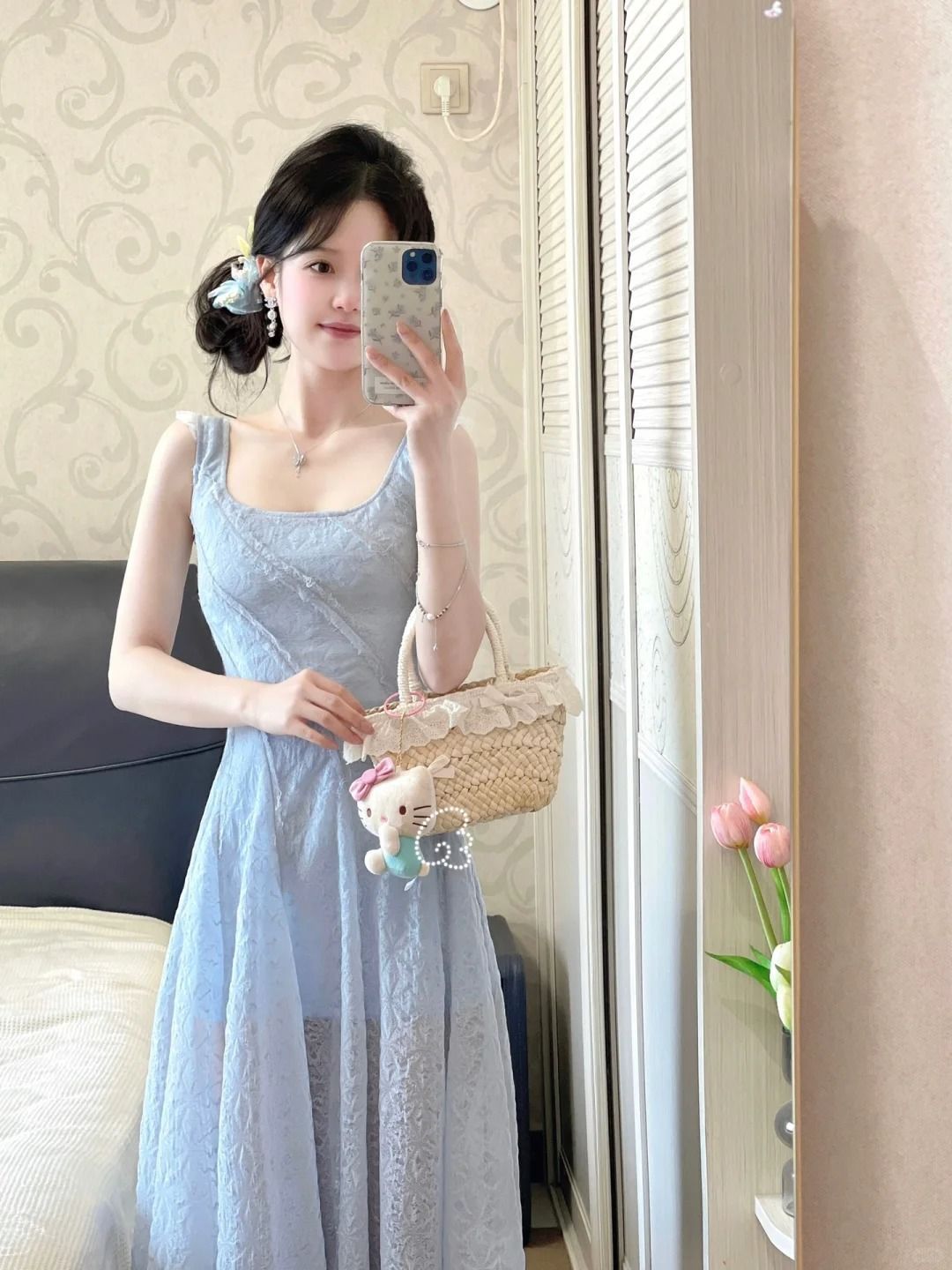 French Style Elegant Blue Lace Slip Dress For Women