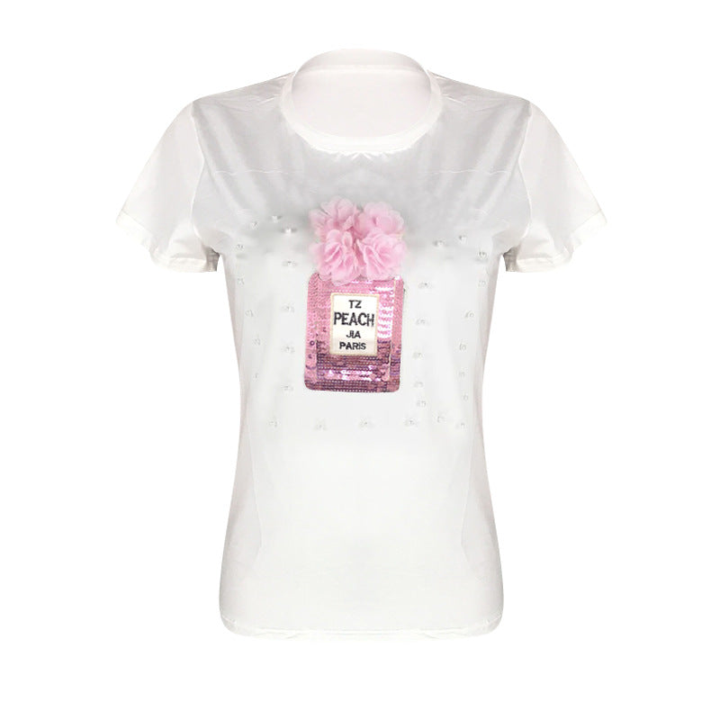 Women's Summer Pearl Sequin Applique T-Shirt Short Sleeve