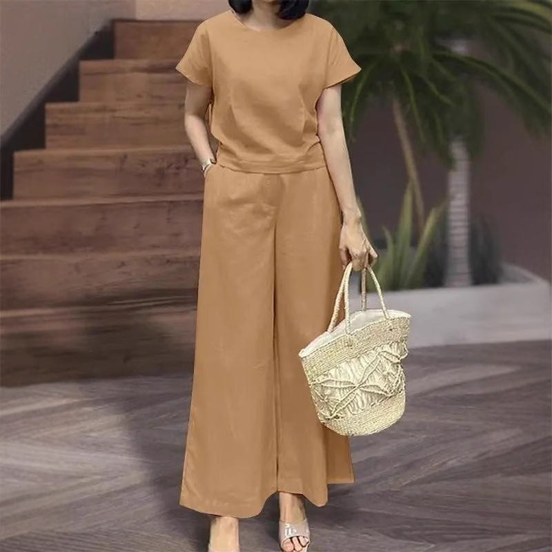 Womens Short-Sleeve Sporty Casual Set Cropped Loose Top And Cropped Pants Two-Piece Set