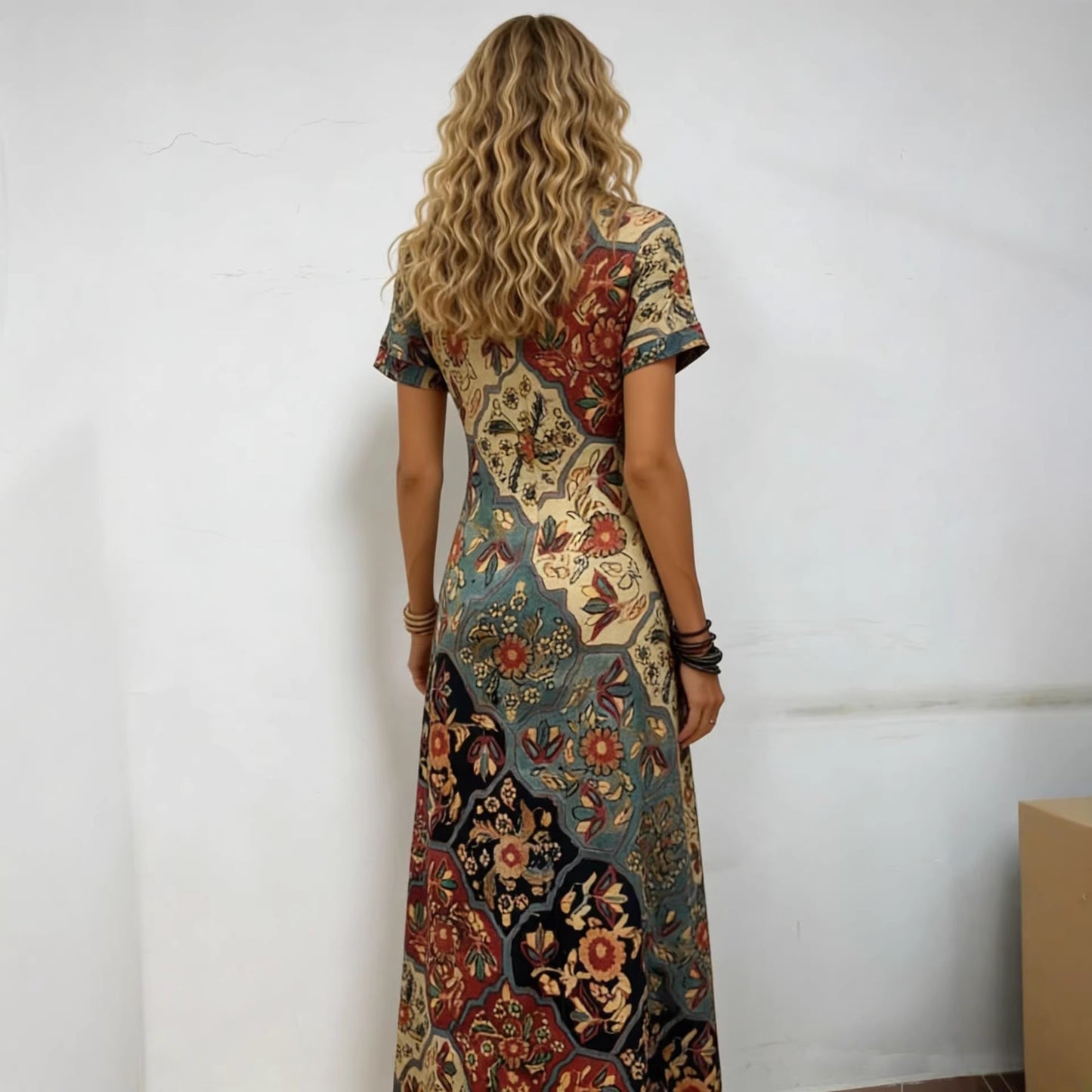 Floral Digital Print Art Short-Sleeve Elegant Dress