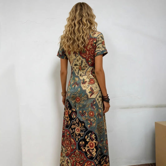 Floral Digital Print Art Short-Sleeve Elegant Dress
