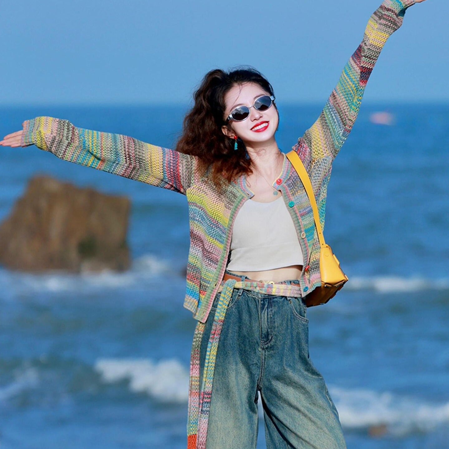 Dopamine Rainbow Fashionable Western Style Youthful-looking Knitted Cardigan